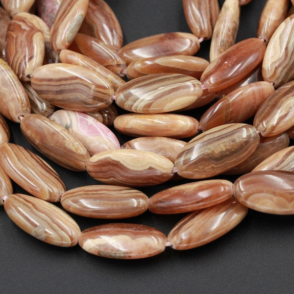 Natural Brown Rhodcrosite Beads Skinny Thin Long Oval Beads Earthy Brown Interesting Caramel Peach Matrix High Polish Beads 16" Strand