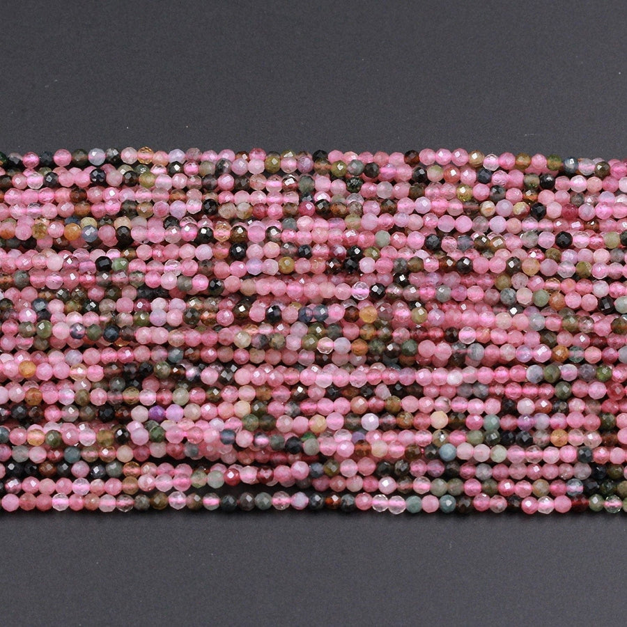 Gorgeous Micro Faceted Tiny Natural Multicolor Tourmaline 2mm 3mm Faceted Round Beads Real Genuine Pink Green Tourmaline 16" Strand