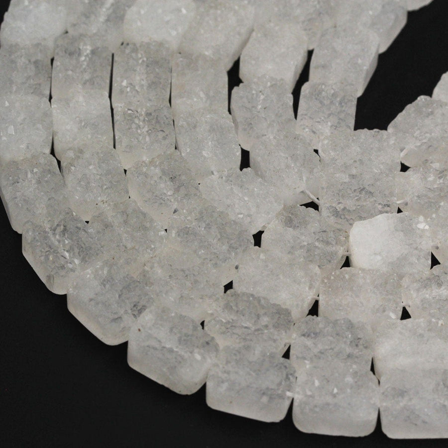 Pristine Icy White Natural Rock Quartz Druzy Beads Drusy Beads 8mm 12mm Rectangle Drilled Crystal Beads Perfect for Earrings 16" Full Strand