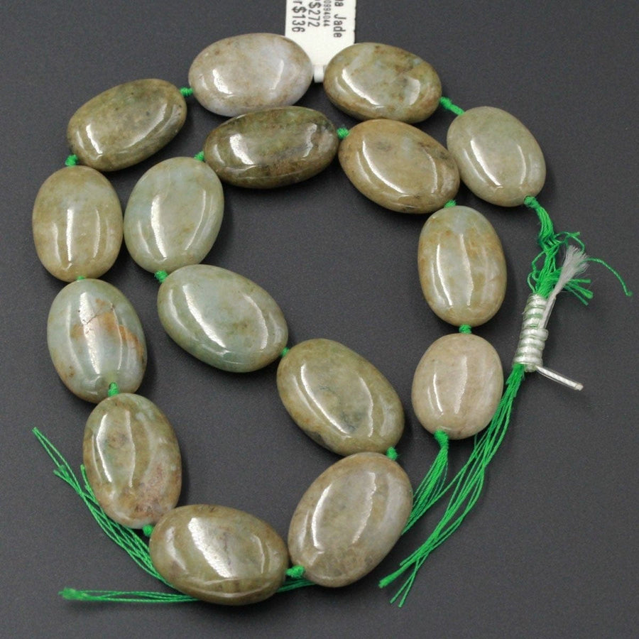 A Grade Natural Burmese Jade 20mm Large Puffy Thick Oval Beads Gemmy Nuggets Real Genuine Natural Green Burma Jade Gemstone 16" Strand
