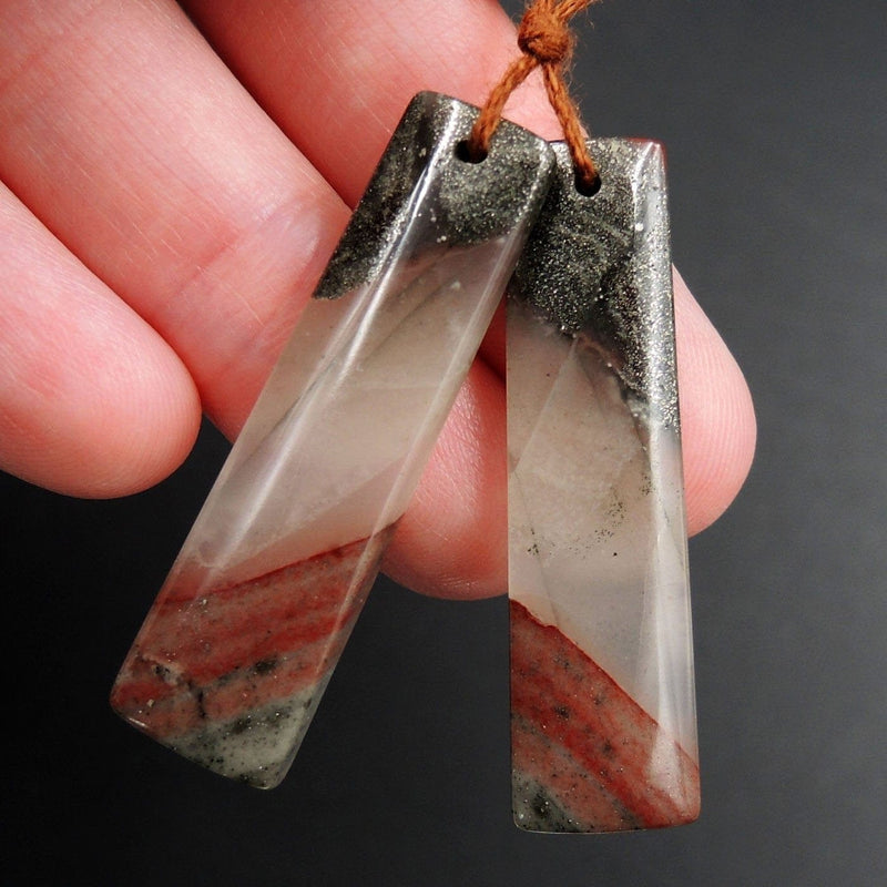 Drilled Earring Pair Stone Natural African Bloodstone Pyrite Matched Cabochon Pair Cab Pair Symmetrical Rectangle Shaped Earring Beads E3086
