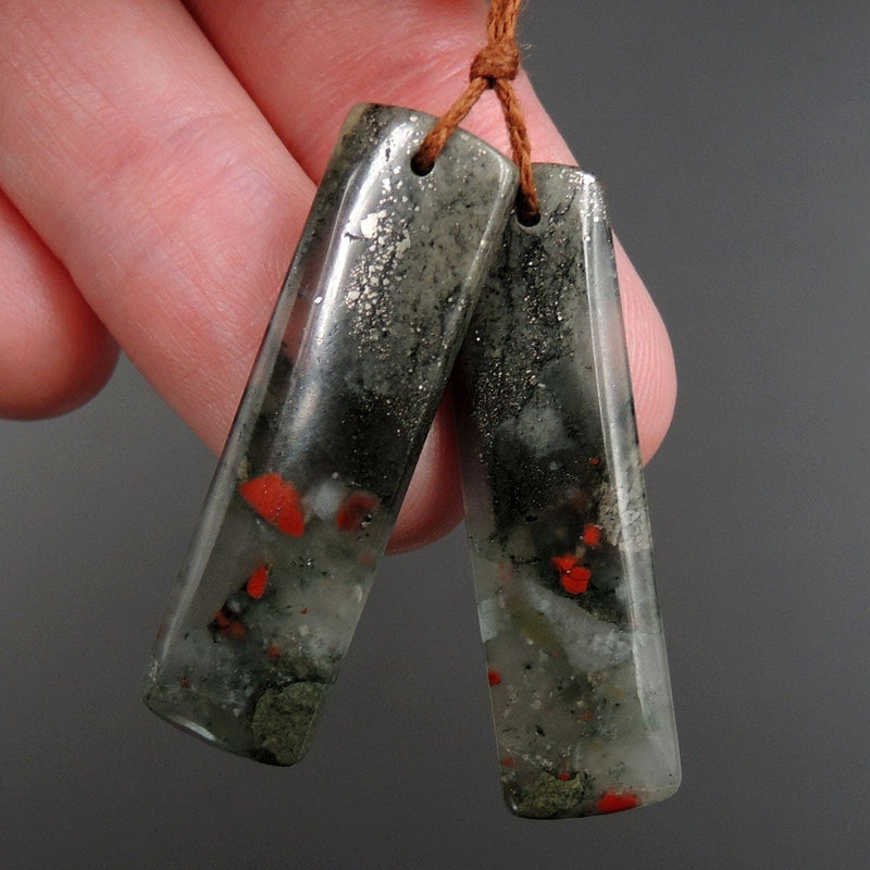 Drilled Earring Pair Stone Natural African Bloodstone Pyrite Matched Cabochon Pair Cab Pair Symmetrical Rectangle Shaped Earring Beads E3094