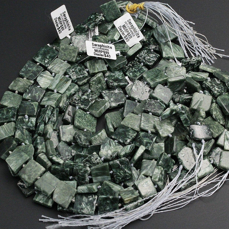 Green Russian Seraphinite Square Beads Large Chunky Natural Cushion Thin Slice Nugget Designer Cut Beads 16" Strand