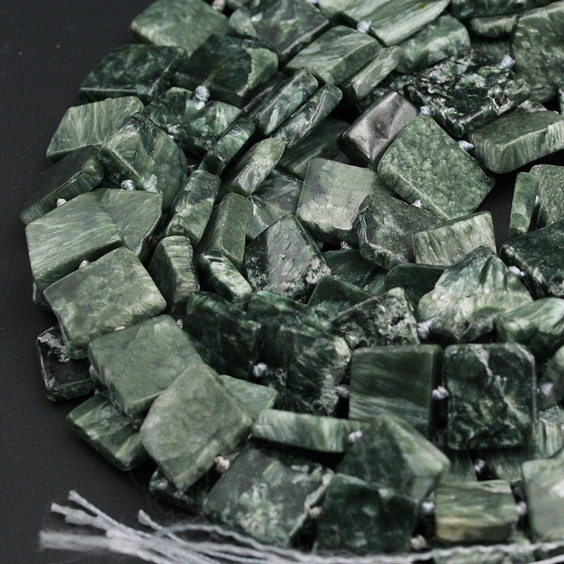Green Russian Seraphinite Square Beads Large Chunky Natural Cushion Thin Slice Nugget Designer Cut Beads 16" Strand
