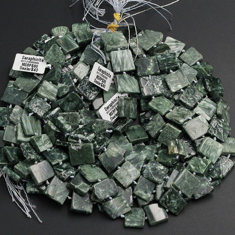 Green Russian Seraphinite Square Beads Large Chunky Natural Cushion Thin Slice Nugget Designer Cut Beads 16" Strand