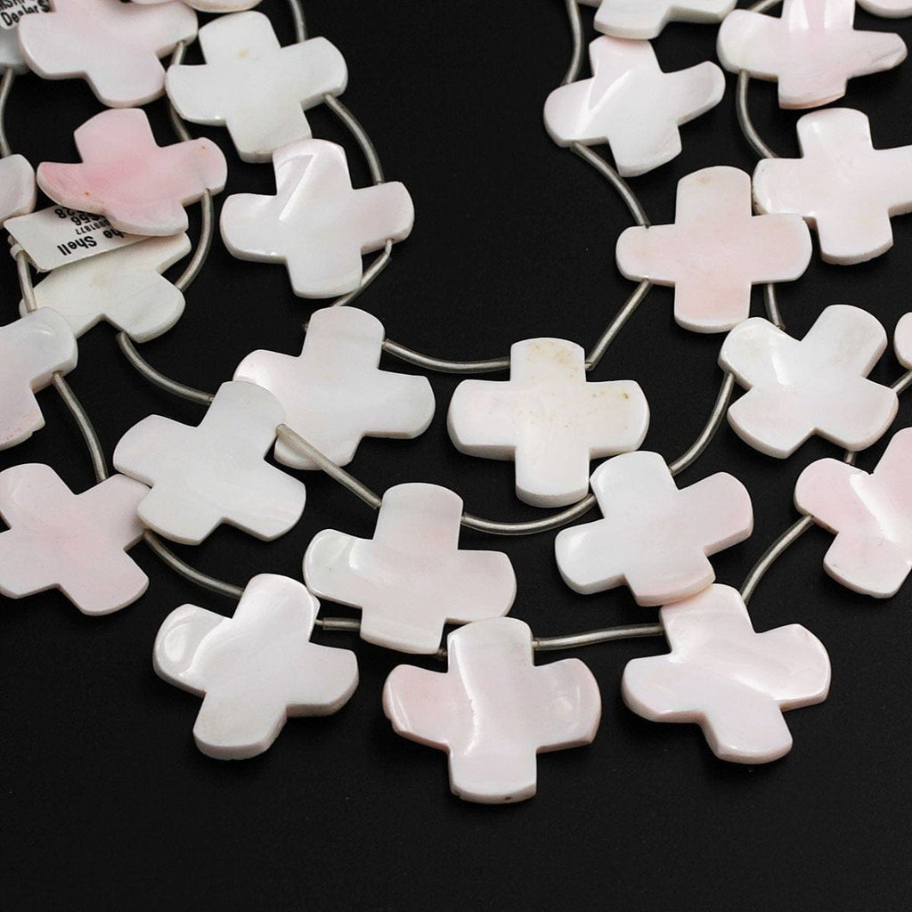 Natural Conch Shell Beads Top Side Drilled Cross Shaped Natural Soft Pink Unique Large Cross Pendant Focal Shell Beads 16" Strand