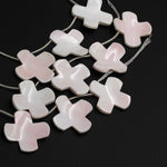 Natural Conch Shell Beads Top Side Drilled Cross Shaped Natural Soft Pink Unique Large Cross Pendant Focal Shell Beads 16" Strand