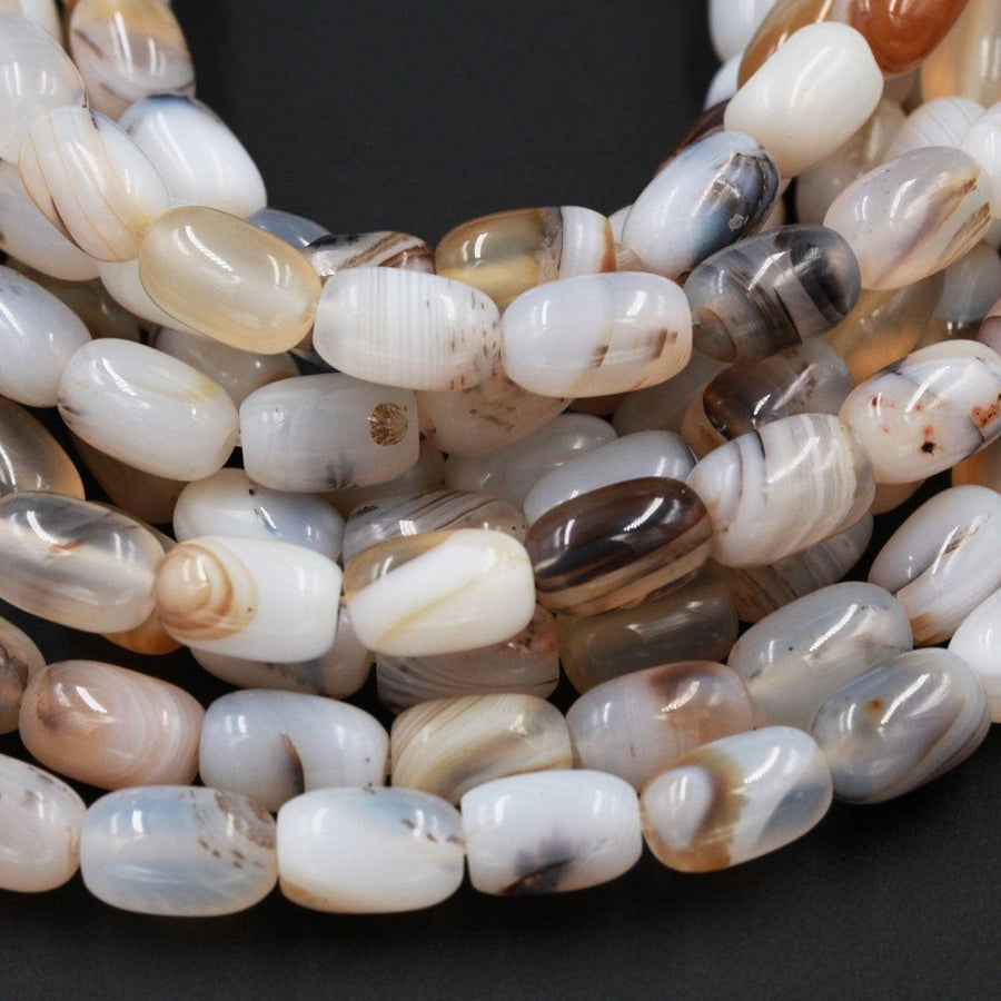 Natural Montana Agate Barrel Drum Beads Highly Polished Smooth Nuggets Amazing Scenic Pattern High Quality Brown Black White Bead 16" Strand