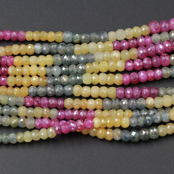 Micro Faceted Natural Multi Color Sapphire Pink Yellow Blue Rondelle 6mm x 4mm Diamond Cut Gemstone Beads 16" Strand
