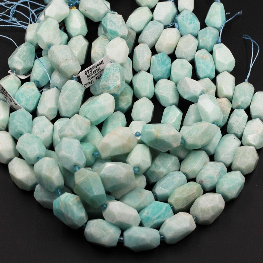 Peruvian Amazonite Nuggets Large Faceted Pastel Pale Sea Blue Amazonite Gemstone Center Drilled Chunky Rectangle Nugget 16" Strand