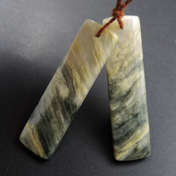 Natural Green Cloudy Quartz Rectangle Cabochon Cab Pair Drilled Gemstone Pair Matched Earrings Natural Stone Bead Pair E2998