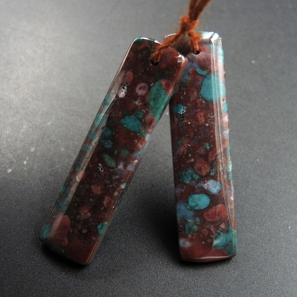 Drilled Gemstone Pair Drilled Natural Green Red Indian Agate Rectangle Cabochon Cab Pair Matched Earrings Bead Pair Natural Stone E2991