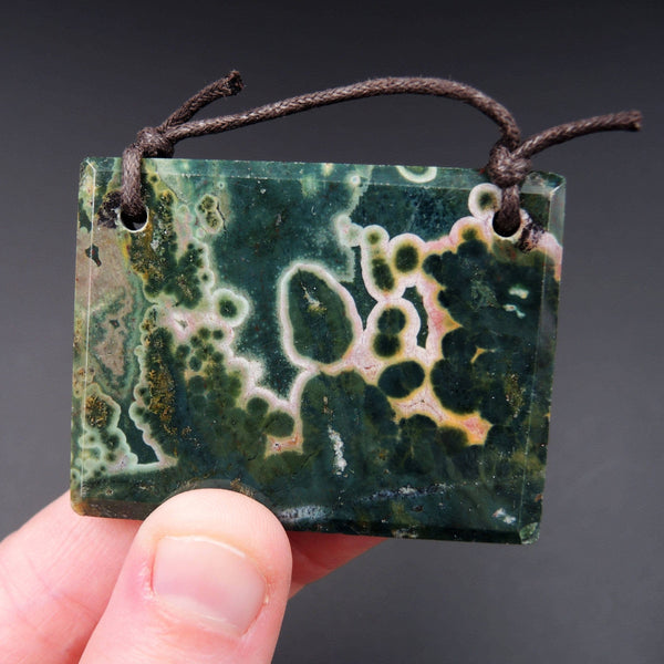Natural Ocean Jasper Pendant Green White Pink Orbs Drilled Faceted Rectangle Pendant 2 Hole Pendant P418