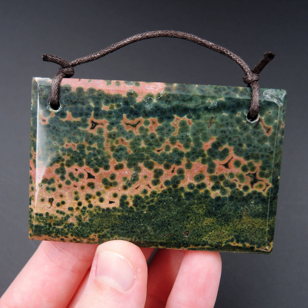 Huge Natural Ocean Jasper Pendant Green Pink Yellow Orbs Drilled Faceted Rectangle Pendant Two Hole Pendant P408