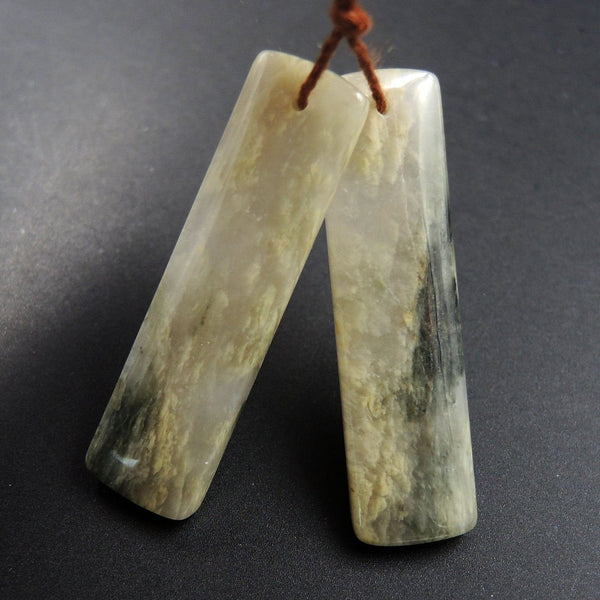 Natural Green Cloudy Quartz Rectangle Cabochon Cab Pair Drilled Gemstone Pair Matched Earrings Natural Stone Bead Pair E3000