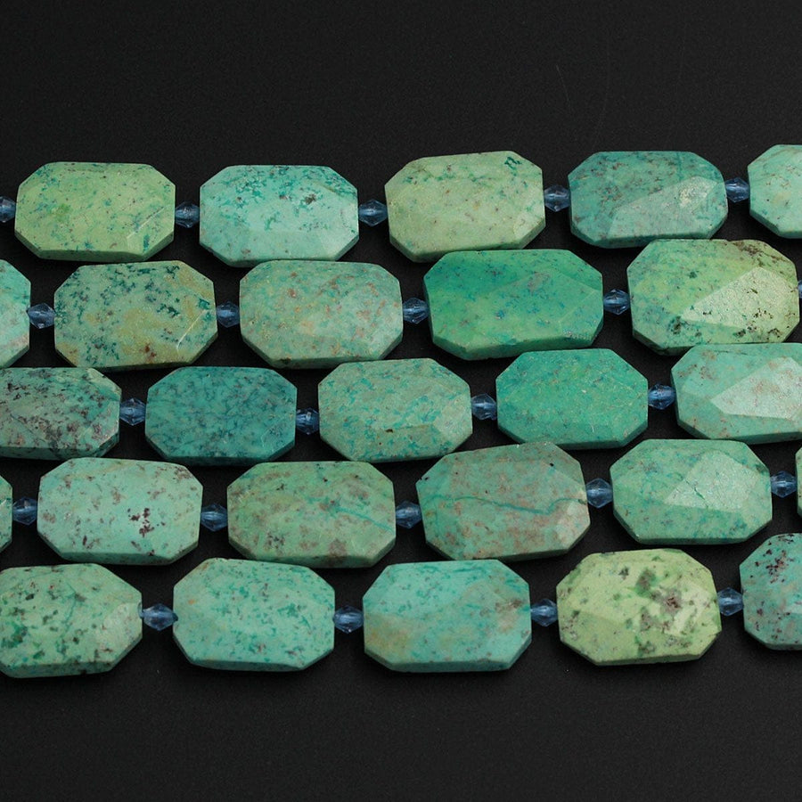 Large Faceted Natural Chrysocolla Rectangle Beads Octagon Slab Nugget From Arizona Copper Mine Vibrant Blue Green 16" Strand