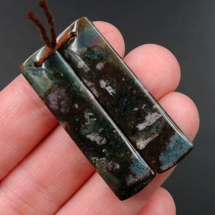 Drilled Gemstone Pair Drilled Natural Green Red Indian Agate Rectangle Cabochon Cab Pair Matched Earrings Bead Pair Natural Stone E2997
