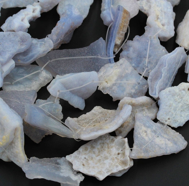 Two Hole Beads Drilled Blue Chalcedony Free Form Top Quality Natural Large Long Pendant Focal Bead Raw Rough Slab Slice Flat 16" Strand
