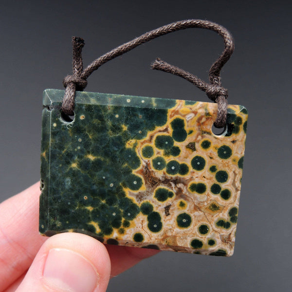 Natural Ocean Jasper Pendant Green Yellow Orbs Drilled Faceted Rectangle Pendant Two Hole Pendant P394