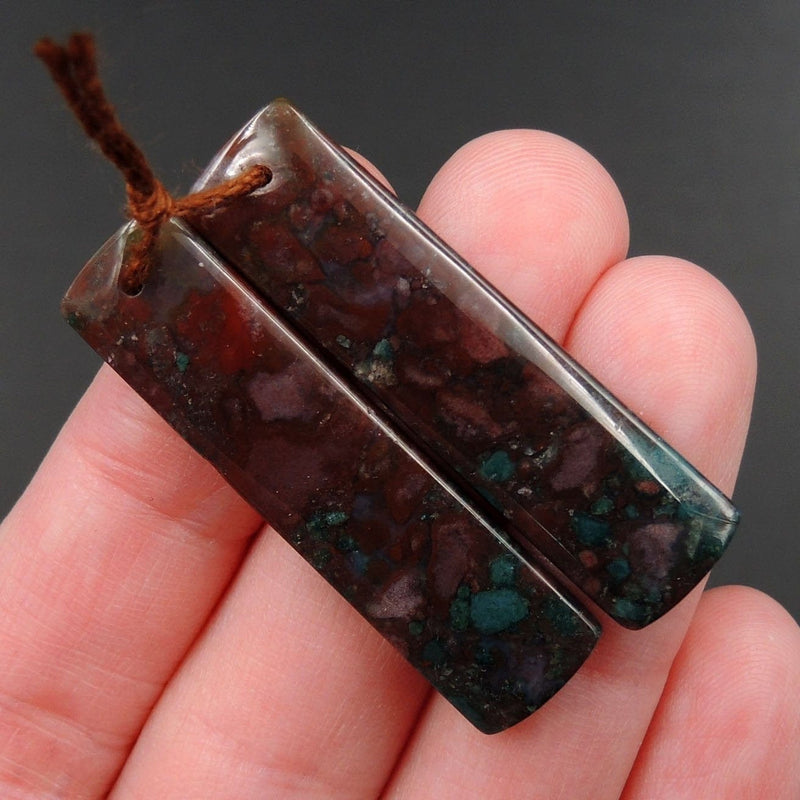 Drilled Gemstone Pair Drilled Natural Green Red Indian Agate Rectangle Cabochon Cab Pair Matched Earrings Bead Pair Natural Stone E2989