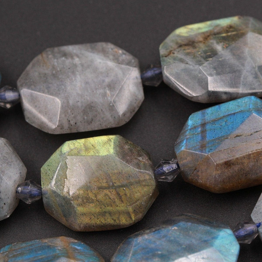 Natural Labradorite Faceted Slab Cushion Rectangle Rectangular Nugget Slice Pendant Focal Beads Dark Labradorite 16" Strand