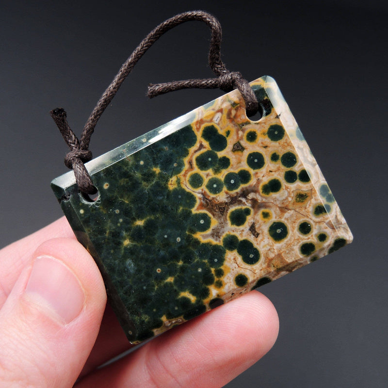 Natural Ocean Jasper Pendant Green Yellow Orbs Drilled Faceted Rectangle Pendant Two Hole Pendant P394