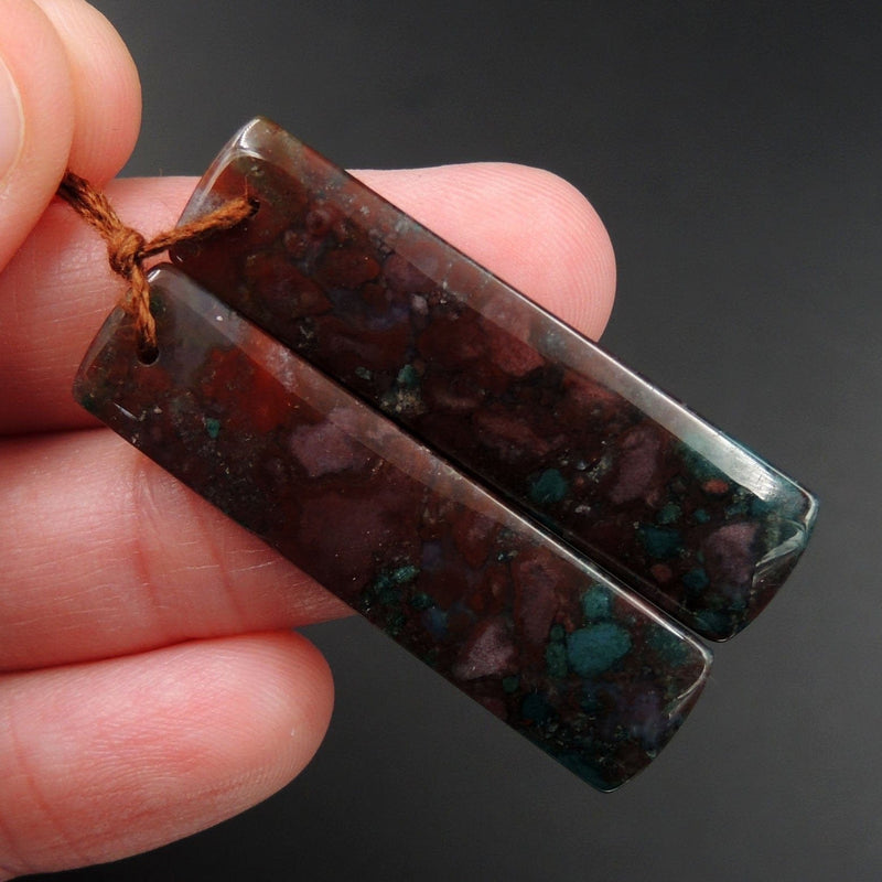 Drilled Gemstone Pair Drilled Natural Green Red Indian Agate Rectangle Cabochon Cab Pair Matched Earrings Bead Pair Natural Stone E2989