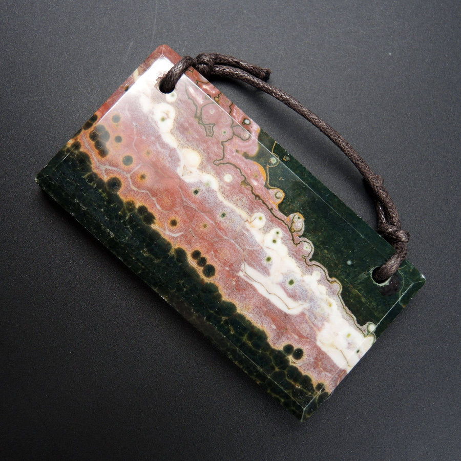 Natural Ocean Jasper Pendant Pink Green White Orbs Drilled Faceted Rectangle Pendant Two Hole Pendant P401