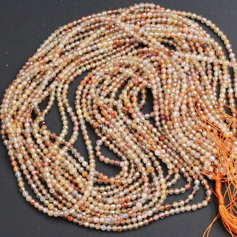 Genuine Natural Zircon Round Beads 2.5mm Micro Faceted Tiny Small Champagne Gray Gold Orange Canary Yellow Diamond Beads Gemstone 16" Strand