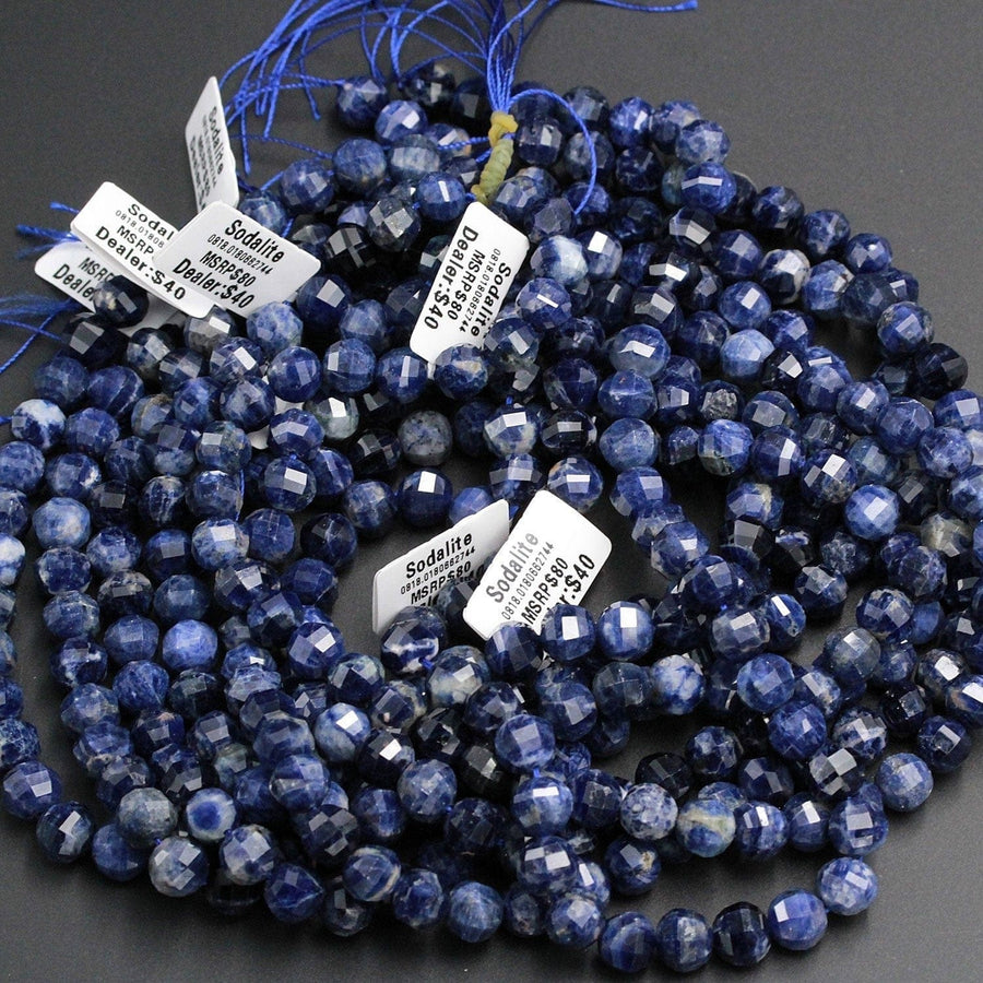 Geometric Lantern Faceted Natural Blue Sodalite 8mm 10mm Round Sparkling Gemstone Good For Earring Pair Bead 16" Strand