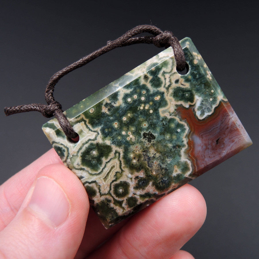Natural Ocean Jasper Pendant Green Orbs Drilled Faceted Rectangle Pendant 2 Hole Pendant P396