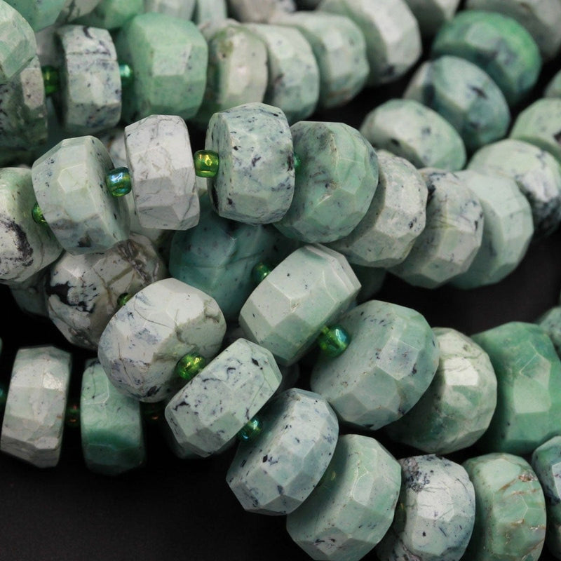Natural Faceted African Green Chrysoprase Rondelle Chunky Disc Wheel Heishi Nugget Beads Center Drilled Large Bead 16" Strand