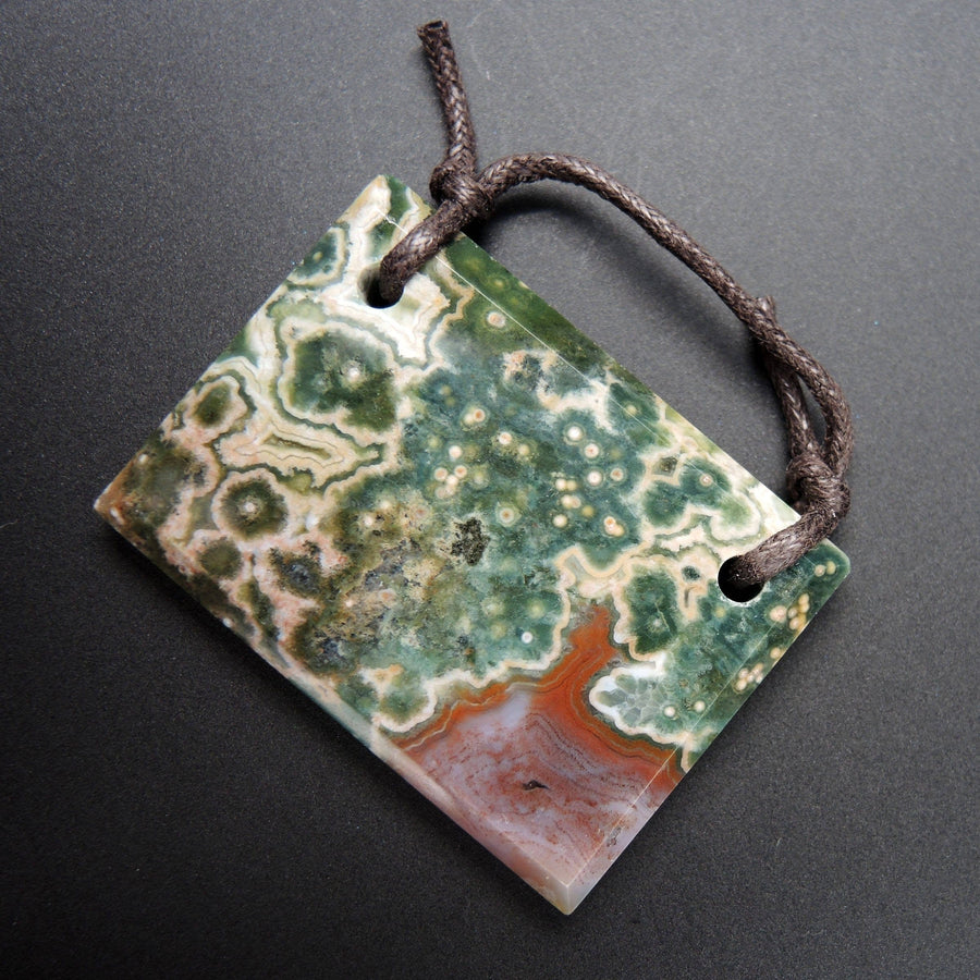 Natural Ocean Jasper Pendant Green Orbs Drilled Faceted Rectangle Pendant 2 Hole Pendant P396