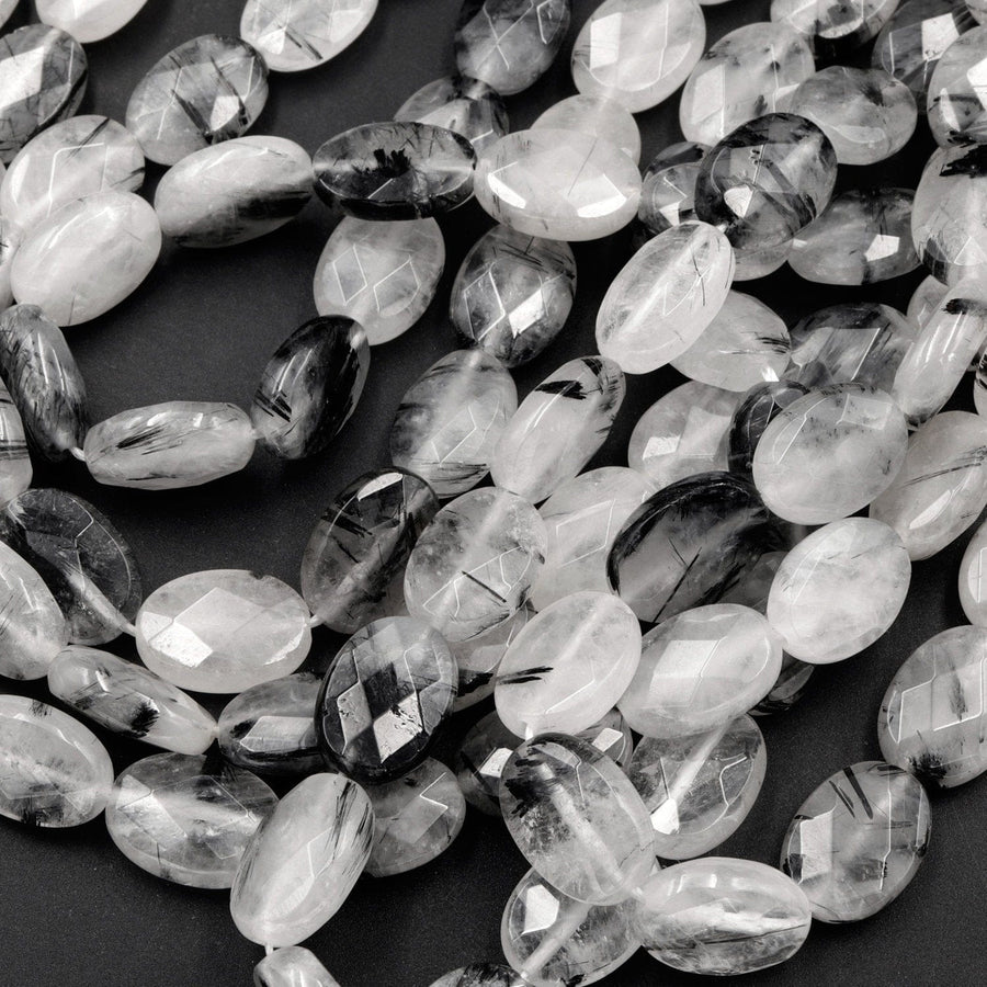 Black Rutilated Quartz Beads Faceted Oval 14mm Natural Black Tourmaline Rutile Quartz Semi Precious Gemstone 16" Strand
