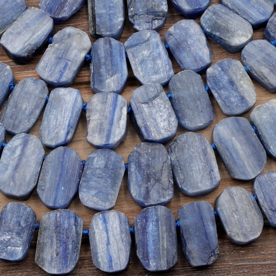 Raw Natural Blue Kyanite Oval Rounded Rectangle Beads Horizontally Drilled Rough Cut Flat Slice Gemstone 16" Strand