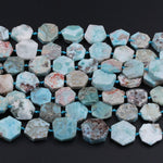 Matte Raw Natural Larimar Octagon Hexagon Beads Geometric Cut Large Real Genuine Blue Larimar Gemstone Flat Slice 16mm 18mm 20mm 16" Strand