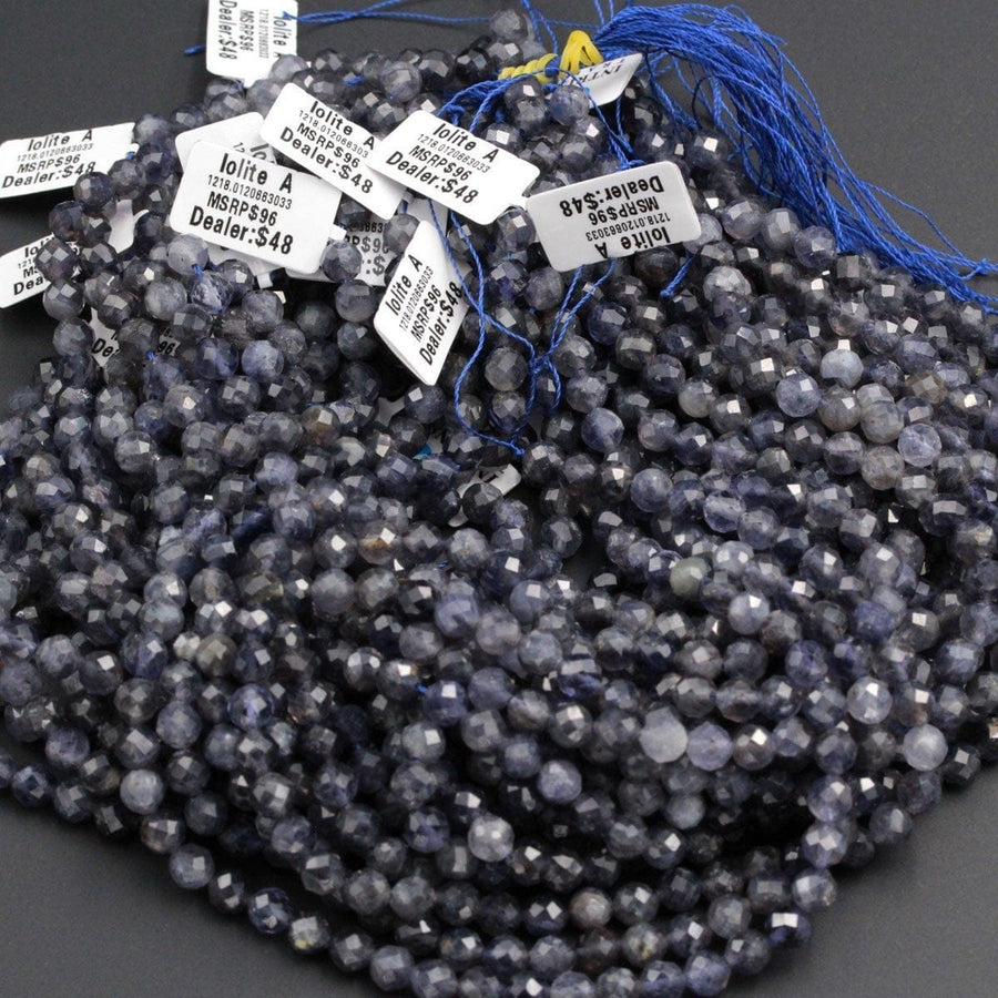 A Grade Natural Blue Iolite 6mm 7mm Round Beads Micro Faceted Gemstone Large Genuine Real Iolite Faceted Round Gemstone Beads 16" Strand