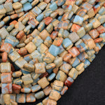 Genuine Natural Snake Skin Jasper Square Cushion Beads Earthy Blue Rusty Red Brown Tan Stone Aka African Blue Opal 16" Strand