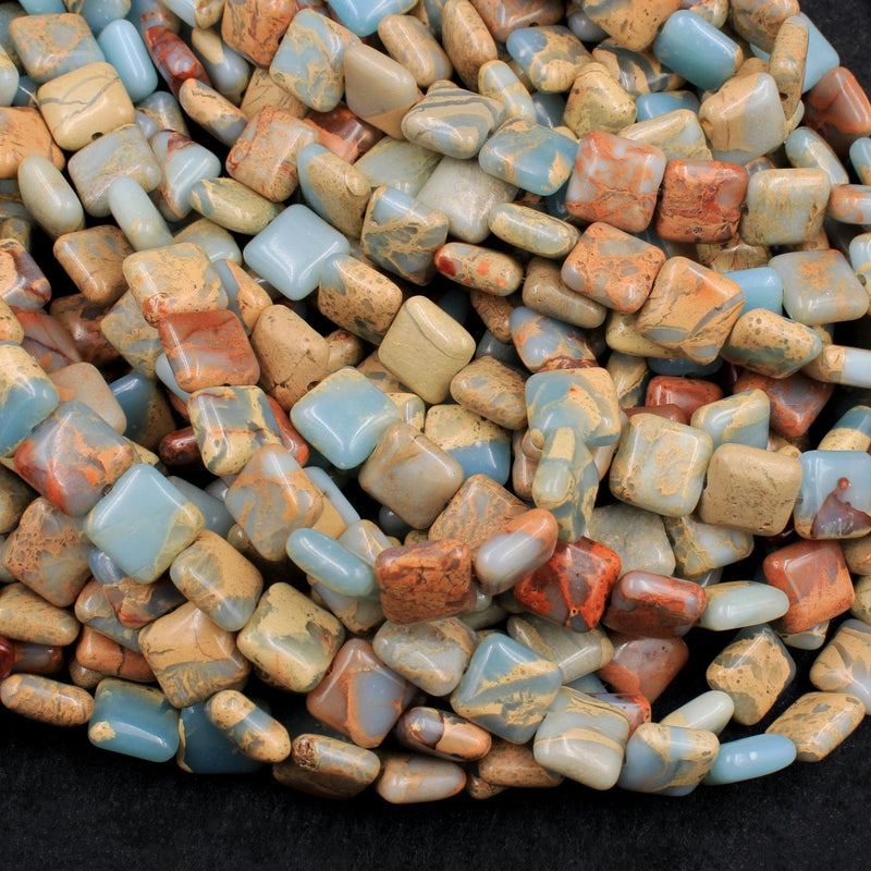 Genuine Natural Snake Skin Jasper Square Cushion Beads Earthy Blue Rusty Red Brown Tan Stone Aka African Blue Opal 16" Strand