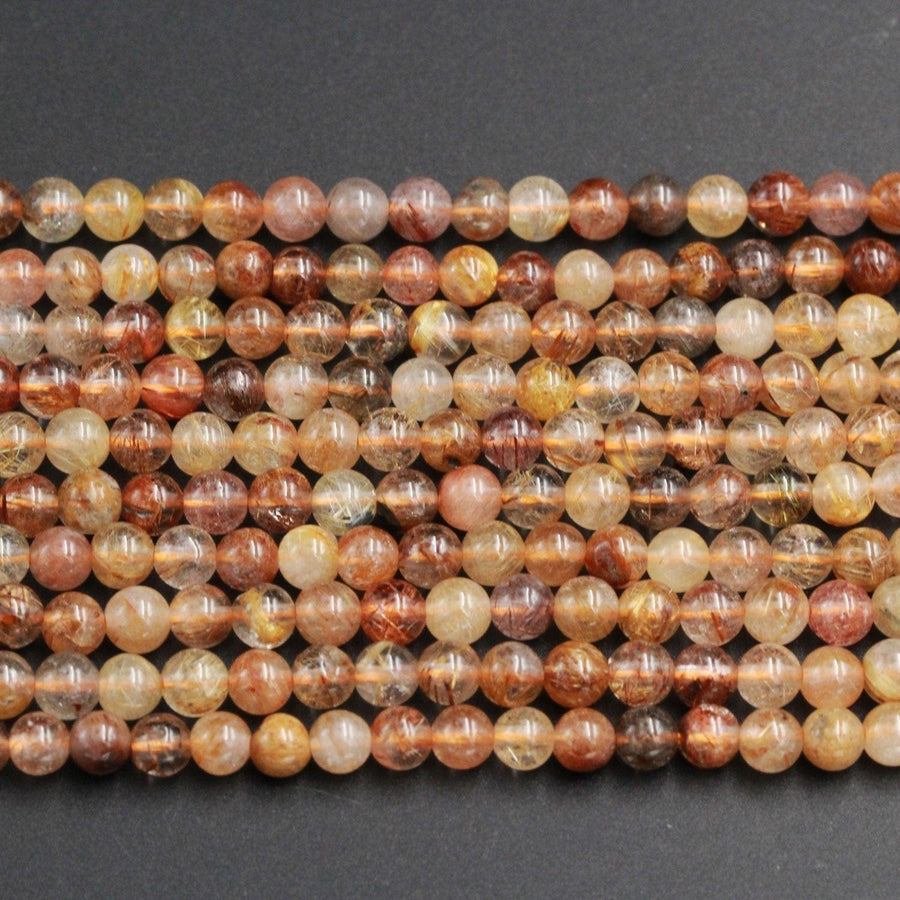 Multicolor Natural Red Golden Yellow Rutile Quartz 4mm 5mm 6mm Round Beads Tons of Sharp Rutilated Hair Needle 16" Strand