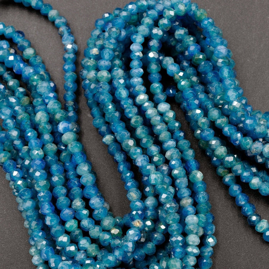 Micro Faceted Natural Blue Apatite Rondelle Beads Small 3mm 5mm Rondelle Laser Diamond Cut Sparkling 16" Strand