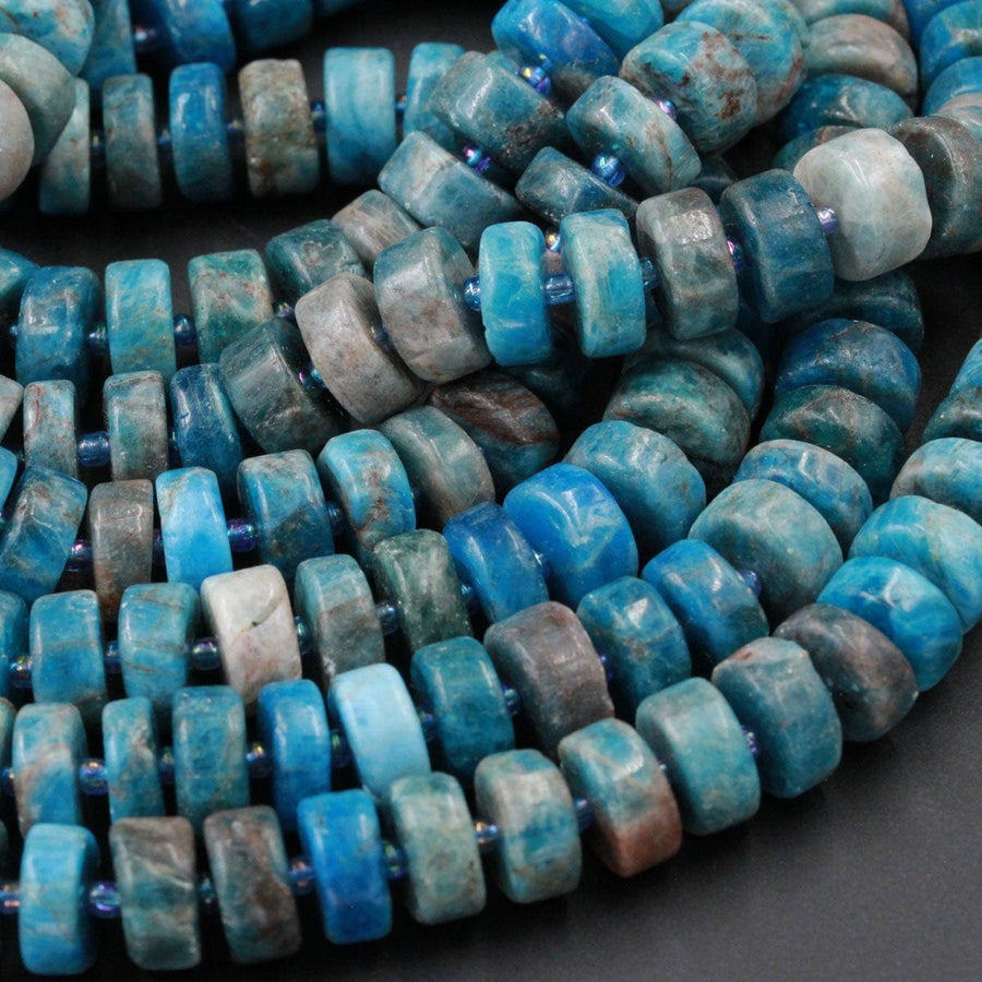 Natural Blue Apatite Rondelle Wheel Thick Center Drilled Disc Coin Beads Polished Teal Blue Gemstone Beads 10mm 12mm 16" Strand