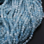 Micro Faceted Natural Aquamarine 2mm 3mm 4mm Faceted Round Beads Laser Diamond Cut Real Genuine Blue Aquamarine Gemstone 16" Strand