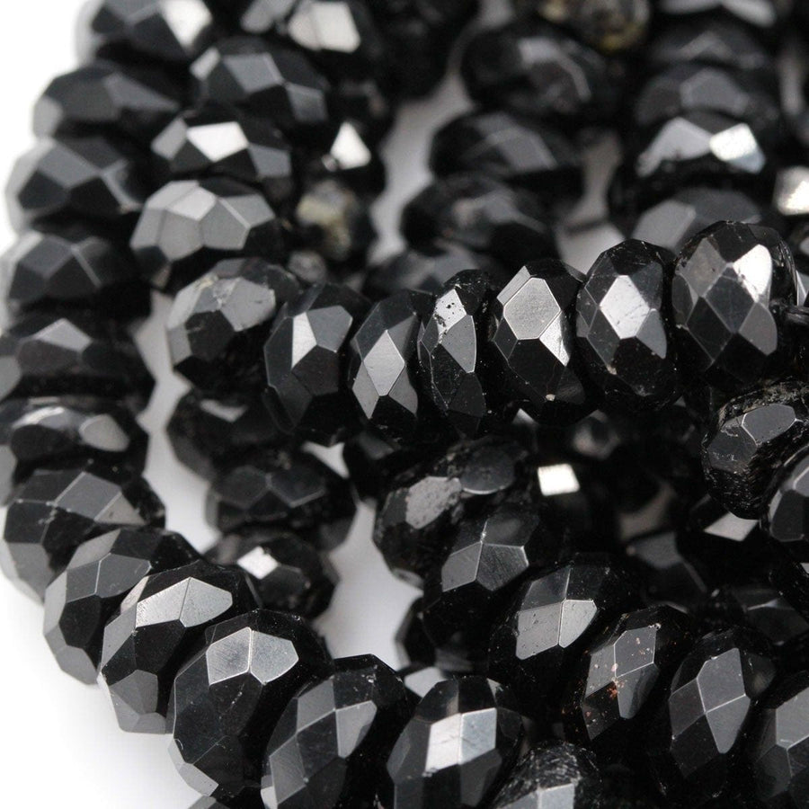 Large Natural Black Tourmaline Faceted Rondelle Beads Black Tourmaline Faceted Saucer Center Drilled Disc Nugget Superior A Grade 16" Strand