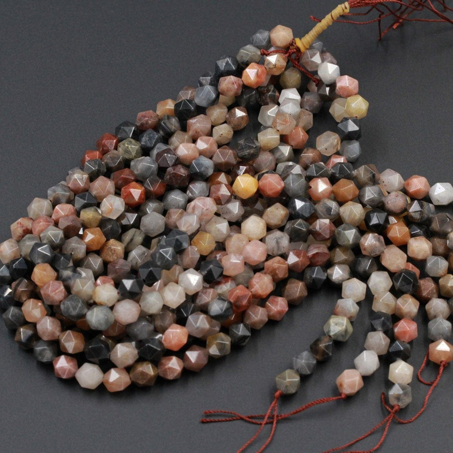 Phantom Agate Geometric Cut Star Cut Beads Faceted Rounded 8mm Nugget 10mm 12mm Beads Gray Brown Peach Red Gemstone 16" Strand