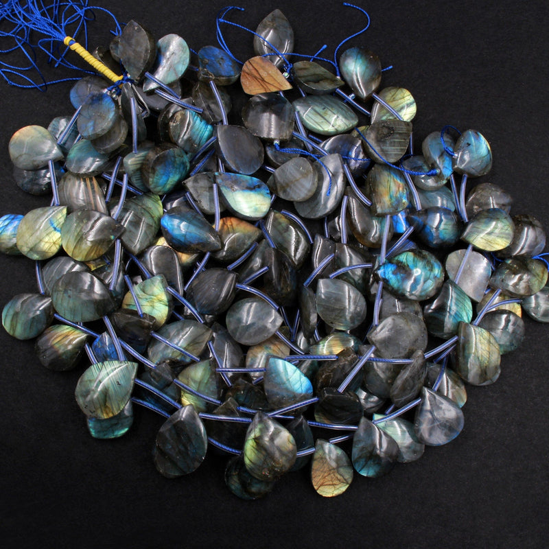 Natural Labradorite Beads Freeform Teardrop Shape Top Drilled Pendant Focal Tones of Blue Green Gold Flashes 16" Strand