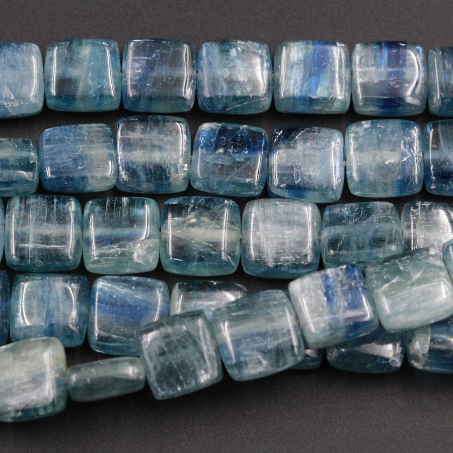 Rare Natural Bicolor Kyanite 8mm 12mm 14mm Square Shaped Beads Nicely Drilled Blue Green Kyanite Earring Beads Thick Gemstone 16" Strand