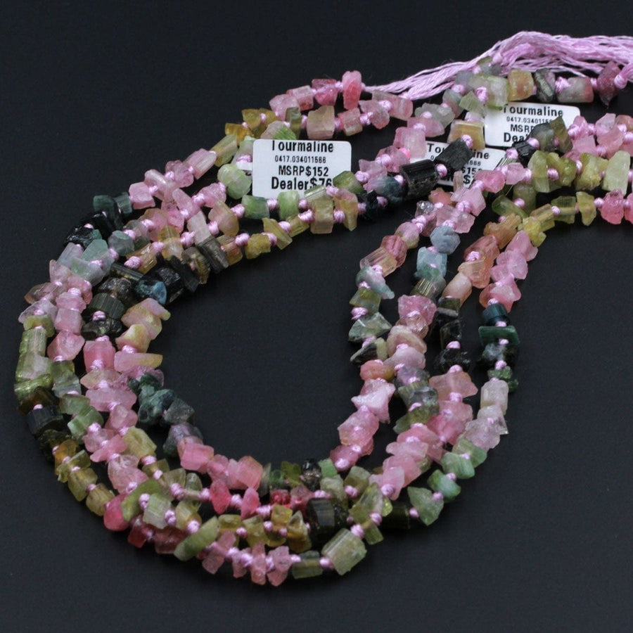 Raw Rough Natural Pink Green Blue Tourmaline Beads Watermelon Multi Color Tourmaline Gemstone Freefrom Irregular Nugget Chip Full 17" Strand