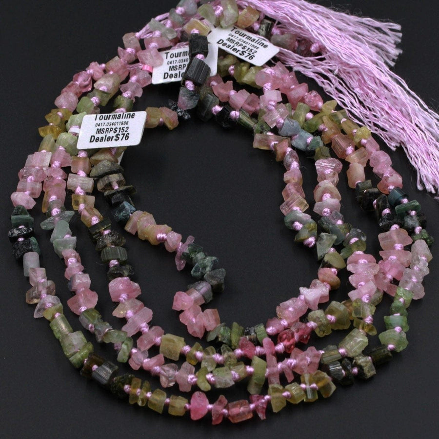 Raw Rough Natural Pink Green Blue Tourmaline Beads Watermelon Multi Color Tourmaline Gemstone Freefrom Irregular Nugget Chip Full 17" Strand