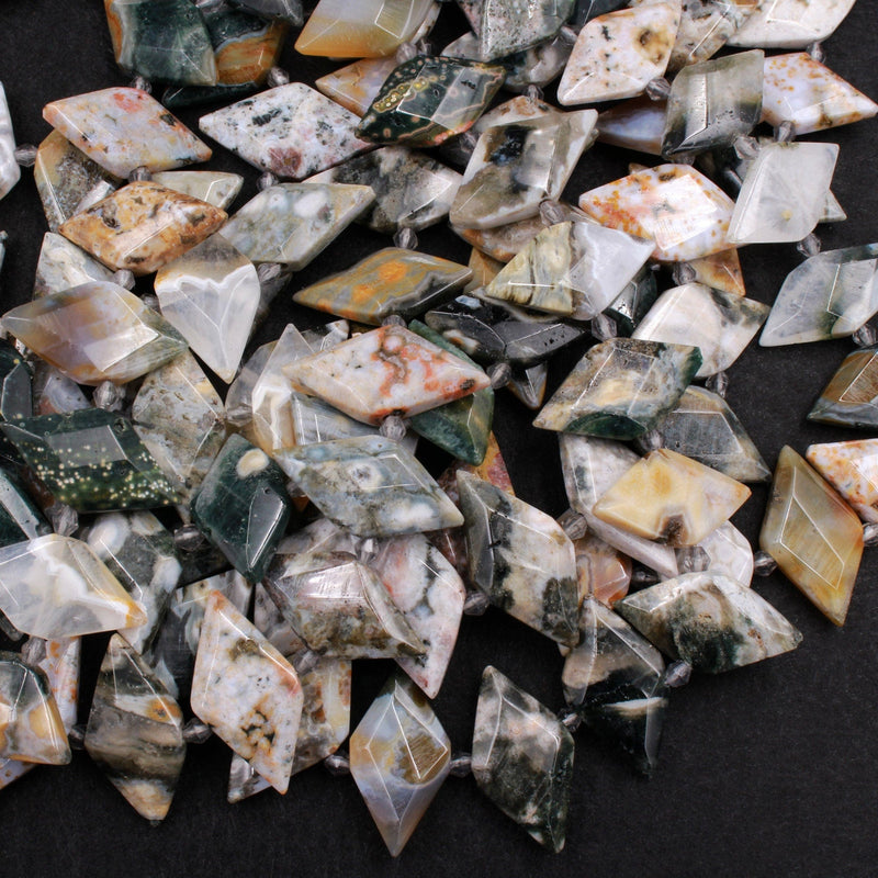 Natural Ocean Jasper Beads Faceted Kite Marquise Horse Eye Diamond Shape Center Drilled Flat Gemstone 16" Strand